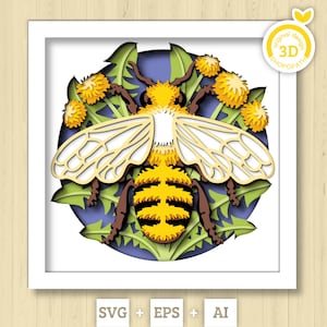 3D abeille ombre boîte SVG couches pissenlits SVG, printemps ombre boîte, abeille 3D Svg, peigne de miel 3D Svg, fleurs Papercut svg Silhouette Cricut