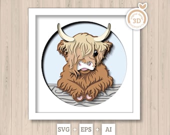 3D Highland Cow Shadow Box SVG, Cow 3D Svg, Animal 3d SVG, 3d Layered Cow 3D svg, Long Hair 3d svg, Shopopath 3d svg, Cricut Silhouette