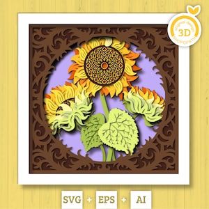 Tournesols en couches 3D avec cadre en dentelle Shadow Box SVG, boîte d'ombre d'été, tournesols 3D Svg, 3D tournesol Papercut svg, Silhouette Cricut