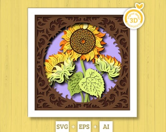 3D Layered Sunflowers With Lace Frame Shadow Box SVG, Summer Shadow Box, Sunflowers 3D Svg, 3D Sunflower Papercut svg, Cricut Silhouette