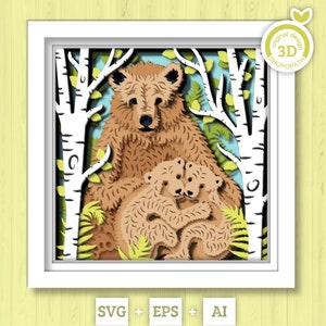 Mãe Ursa 3D com Filhotes na Caixa de Sombra da Floresta SVG, Floresta 3D SVG, Mãe Ursa 3D svg, 3d svg Urso Bebê, Verão 3d svg, Silhueta Cricut