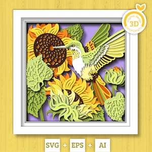 Tournesols 3D avec colibri Shadow Box SVG, boîte d'ombre d'été, Svg 3D Colibri en couches, 3D tournesol Papercut svg, Silhouette Cricut