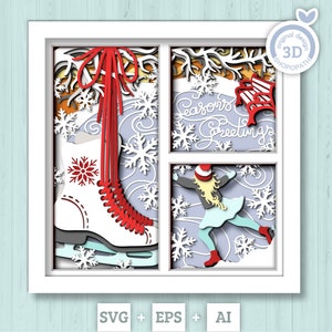 3D SVG patinage sur glace Shadow Box, Svg couche hiver Shadow Box, flocons de neige 3D Svg, patins 3D Svg Noël Shadow Box svg Cricut Silhouette