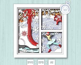 3D SVG Ice Skating Shadow Box, Layered Winter Shadow Box Svg, Snowflakes 3D Svg, Skates 3d Svg Christmas Shadow Box svg Cricut Silhouette