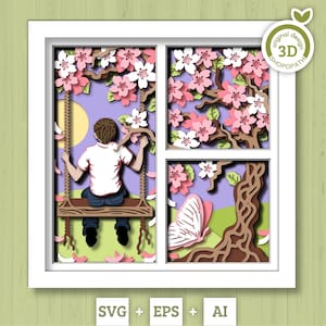 SVG 3D Ragazzo su altalena sotto un albero in fiore, Shadow Box, SVG 3D Primavera, SVG 3D Fiore di ciliegio, SVG 3D Albero di Sakura, SVG Floreale, Silhouette Cricut