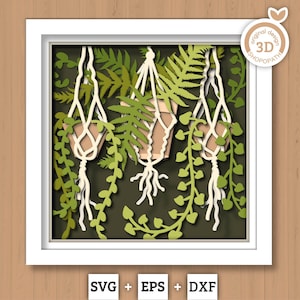 Jardinières bohèmes 3D Shadow Box SVG SVG Boho en couches, boîte à ombres de la chambre Boho, Boho plantes 3D Svg, 3D Boho Svg, fougère Papercut svg Silhouette Cricut