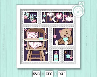 Könnte beinhalten: Ein mehrschichtiges Papierkunstwerk mit einem Hochstuhl, einem Teddybären, Babyschuhen, einer Flasche sowie hängenden Sternen und Monden. Das Design ist in fünf rechteckige Abschnitte mit gewellten Rändern unterteilt und hat einen dunkelvioletten Hintergrund.