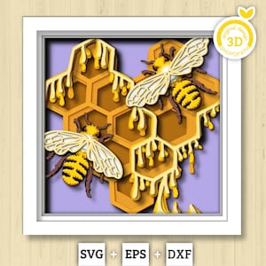 3D Honey Comb Shadow Box SVG Layered Dandelions SVG, Spring Shadow Box, Bee 3D Svg, Honey Bee 3d Svg, Flowers Papercut svg Cricut Silhouette