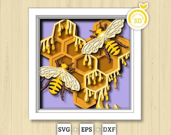 3D Honey Comb Shadow Box SVG Layered Dandelions SVG, Spring Shadow Box, Bee 3D Svg, Honey Bee 3d Svg, Flowers Papercut svg Cricut Silhouette