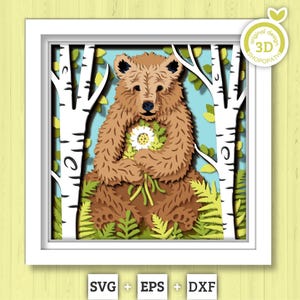 3D Bear With Flowers In Forest Shadow Box SVG, 3D Forest SVG, 3D Brown Bear svg, 3d svg Black Bear, Summer 3d svg, Cricut Silhouette
