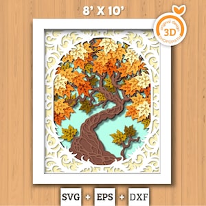 Caja de sombra de árbol de arce 3D SVG, árbol de arce en capas de 8 x 10 pulgadas Svg, árbol de otoño 3D Svg, hoja de arce otoñal 3D SVG, otoño 3D SVG, silueta de Cricut