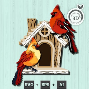 Cardinal en couches SVG 3D, volière papercut 3D SVG, cabane pour oiseaux, Svg 3D, découpe laser, oiseaux forestiers 3D svg, Cricut Glowforge