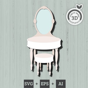 May include: A white vanity set with a round mirror and a stool. The vanity has a white top with a scalloped edge and four legs. The stool has a round seat and four legs.