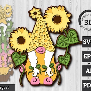 3D Layered Sunflower Gnome SVG PDF EPS, Layered Gnome Svg, Layered Papercut svg, Girl Gnome Svg, Laser Cut Gnome Cricut Glowforge