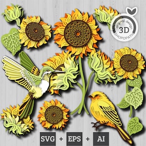 Bundle tournesol en couches 3D EPS SVG, tournesol en couches 3D, svg papercut en couches, oiseaux été Svg, tournesol découpé au laser, Cricut
