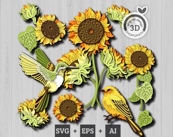 3D Layered Sunflower Bundle SVG EPS, 3D Layered Sunflower, Layered Papercut svg, Birds Summer Svg, Laser Cut Sunflower, Cricut, Silhouette