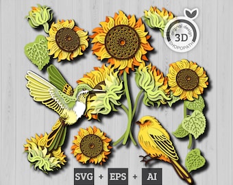 3D gelaagde zonnebloem bundel SVG EPS, 3D gelaagde zonnebloem, gelaagde papercut SVG, vogels zomer SVG, laser gesneden zonnebloem, Cricut, silhouet