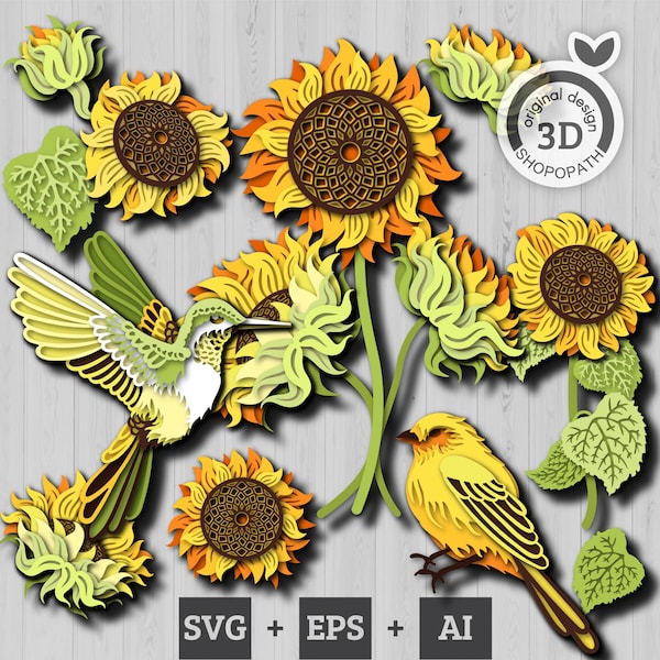 3D Layered Sunflower Bundle SVG EPS, 3D Layered Sunflower, Layered Papercut svg, Birds Summer Svg, Laser Cut Sunflower, Cricut, Silhouette