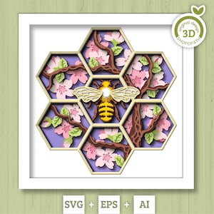 3D の花の木と蜂の巣のシャドー ボックス SVG、3D 春 SVG、3D 蜂 SVG、ハニカム、花 3D SVG 桜の木 SVG Cricut シルエット