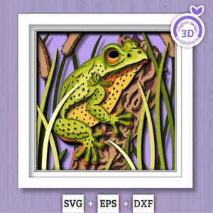 Rana en estanque con espadaña - Caja de sombras 3D con capas SVG DXF EPS (archivos de corte)