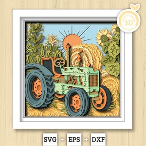 Tractor cosechando girasoles - Caja de sombra 3D con capas SVG DXF EPS (archivos de corte)