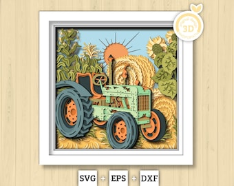 Tractor Harvesting Sunflower - 3D Shadow Box Layered SVG DXF EPS (Cutting Files)