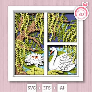 3D 柳の木の下の白鳥のシャドー ボックス SVG、3D レイヤーの白鳥 SVG、ユリの花 3D SVG、3D 夏の SVG、3D 蓮の花 SVG、クリカット シルエット