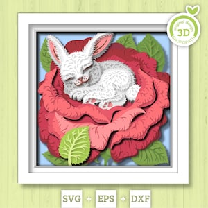Lapin SVG 3D dormant dans une boîte ombre rose, lapin Svg 3D, Svg 3D de boîte ombre printemps, fleur Rose DXF 3D, lapin de Pâques DXF 3D, Silhouette Cricut