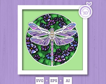 3D-Libelle SVG PDF EPS, Libelle Shadow Box, Libelle 3D svg, Blumen 3d svg, Blumen geschichtet Papercut svg, Cricut Silhouette