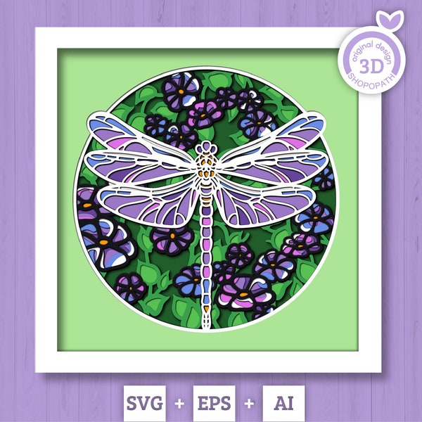 3D Layered Dragonfly SVG PDF EPS, Dragonfly Shadow Box, Dragonfly 3D Svg, Flowers 3d svg, Flowers Layered Papercut svg, Cricut Silhouette