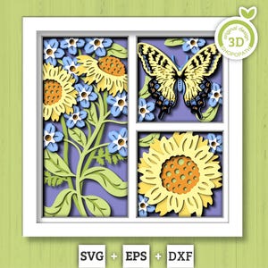 3D Schmetterling Schattenbox SVG, geschichtete Maisdotterblume SVG, Frühling Schattenbox, Tiger Schwalbenschwanz 3D SVG, 3D Blumen Papierschnitt Cricut Silhouette