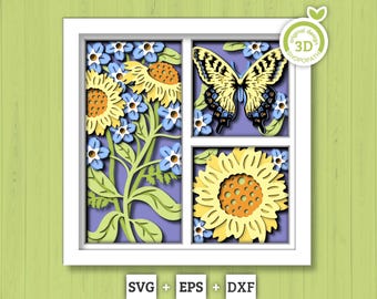3D Butterfly Shadow Box SVG, Layered Corn Marigold SVG, Spring Shadow Box, Tiger Swallowtail 3D Svg,3D Floral Papercut svg Cricut Silhouette