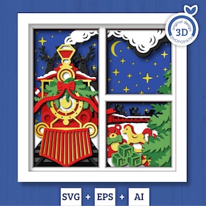 3D SVG Weihnachtszug Schattenbox, Geschichtete Winter-Svg, Weihnachtsmann-Schattenbox, Rentier 3D-Svg, Weihnachtsspielzeug 3D-Svg, Cricut Silhouette
