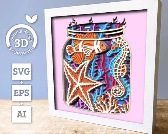 3D 海のシャドー ボックス SVG、水族館の瓶のシャドー ボックス