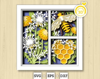 Bee with Honeycomb Panels - 3D Shadow Box Layered SVG DXF EPS (Cutting Files)