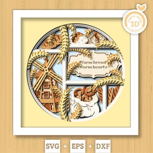 Boulangerie moulin à vent Shadow Box 3D SVG avec pain au levain, miches et sac de bretzel, fichiers DXF EPS DXF de boulangerie pour Cricut Silhouette Brother