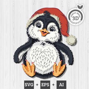 Pingüino en capas 3D con gorro de Papá Noel SVG PDF EPS, pingüino en capas de Navidad Svg, corte de papel en capas svg, Papá Noel 3D Svg, corte láser Cricut Glowforge