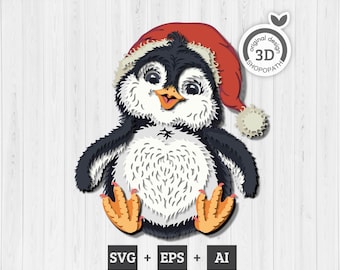 3D Warstwowy Pingwin Z Czapką Mikołaja SVG PDF EPS, Boże Narodzenie Warstwowy Pingwin SVG, Warstwowy Papier Wycinany SVG, Mikołaj 3D SVG, Cięcie Laserowe Cricut Glowforge