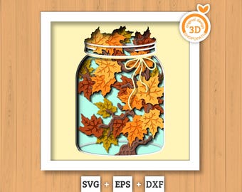 3D SVG Maple Autumn Branch In Jar Shadow Box, 3D Fall SVG, Maple Fall Leaf 3d svg, Maple Tree Leaves 3d Svg, Leaves SVG, Cricut Silhouette