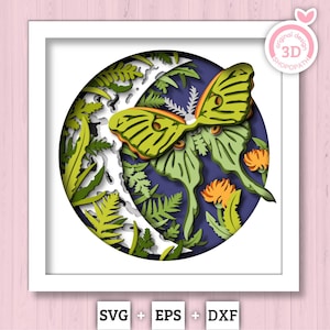 Luna Moth with Flowers - 3D Shadow Box Layered SVG DXF EPS (Cutting Files)