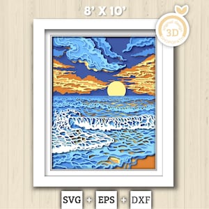 3D SVG Sunset Shadow Box, 8x10 inch Layered Sunset 3D Svg, Summer 3D Svg, Sea 3D SVG, Waves 3D SVG Beach Shadow Box 3d svg Cricut Silhouette