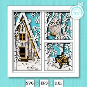 Cabane d'hiver avec panneaux de hibou - 3D Shadow Box en couches SVG DXF EPS (fichiers de découpe)