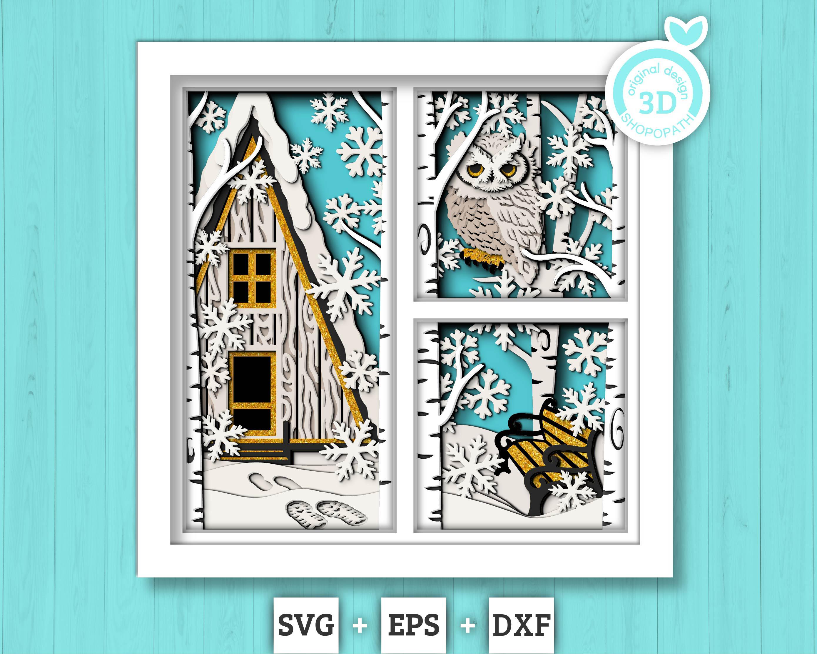 3D SVG Winter Shadow Box, Layered Owl Shadow Box Svg, Snowflakes 3D Svg Birch Forest 3d Svg Christma