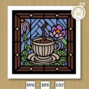 Floral Coffee Cup Stained Glass - 3D Shadow Box Layered SVG DXF EPS (Cutting Files)