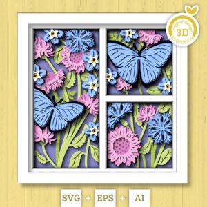 Caixa de sombra de borboleta 3D SVG, flores selvagens em camadas SVG, caixa de sombra de primavera, Blue Morpho 3D Svg, flores 3D Svg Papercut, silhueta Cricut