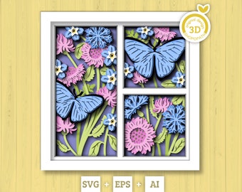 3D Butterfly Shadow Box SVG, Layered Wild Flowers SVG, Spring Shadow Box, Blue Morpho 3D Svg, 3d Svg Flowers Papercut, Cricut Silhouette