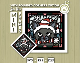 Mini vetrata artistica con gattino di Babbo Natale - Scatola d'ombra 3D a strati SVG DXF EPS (File di taglio)