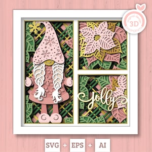 3D SVG Pink Poinsettia Shadow Box, Christmas Gnome Shadow Box, gelaagde Poinsettia Svg, kerstman, winter 3D Svg, Cricut silhouet