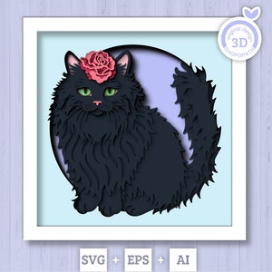 3D SVG chat noir Shadow Box, SVG en couches de chat, chaton 3D, Svg commémoratif pour animaux de compagnie animaux Shadow Box en couches 3D Saint-Valentin Rose Silhouette Cricut