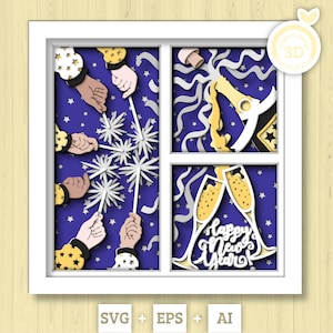 3D SVG Shadow Box du nouvel an, Svg célébration 2024, hiver Shadow Box, vacances 3D Svg, cadeau de Noël Champagne Svg, Silhouette Cricut
